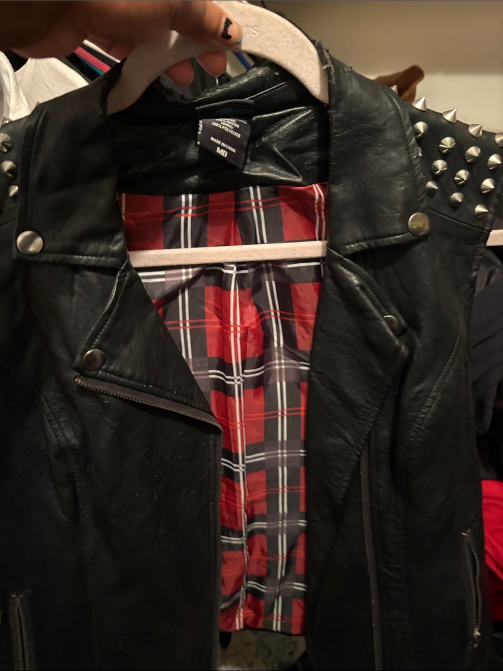 Black Studded Women’s Faux Leather Moto Jacket with Red Plaid Lining